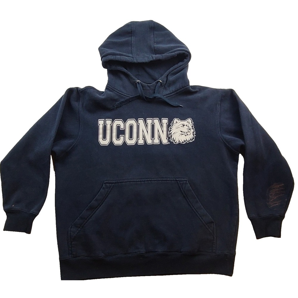 UConn Huskies Hoodie Men L Navy Champs Sport Pullover Sweatshirt Front Back Logo